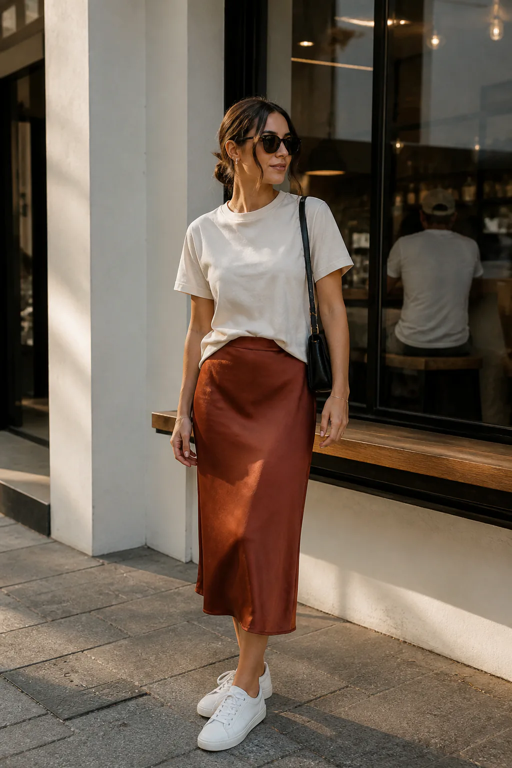 7. Graphic Tee With a Satin Midi Skirt