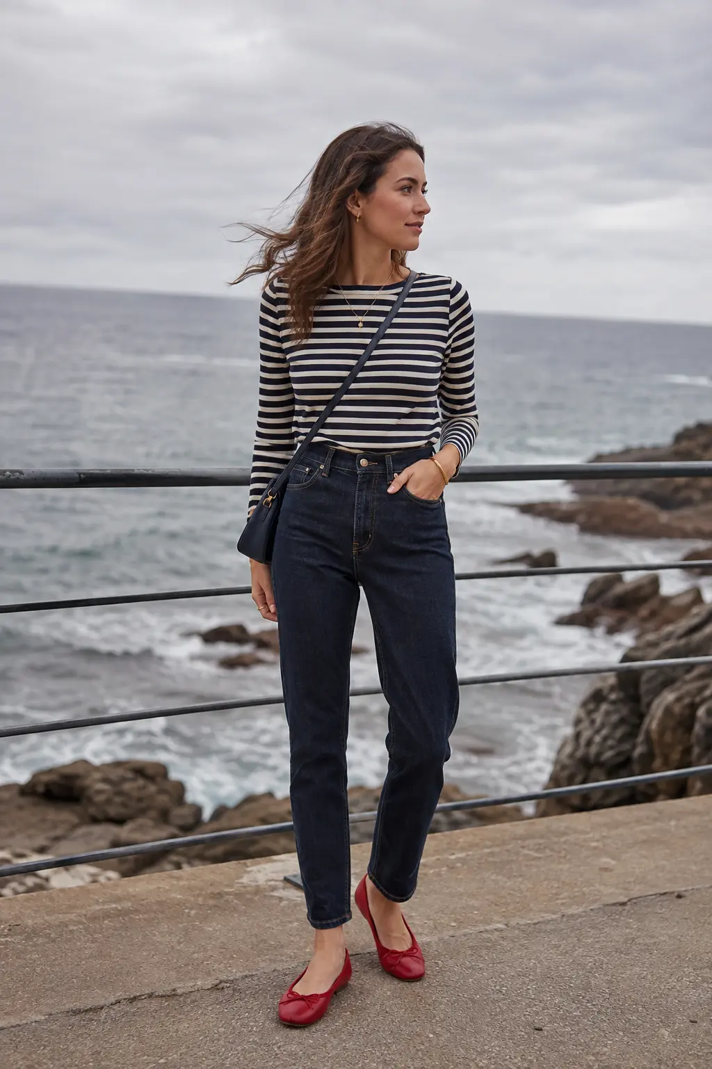 Woman wearing a navy striped top, dark jeans, and red flats by the coast
