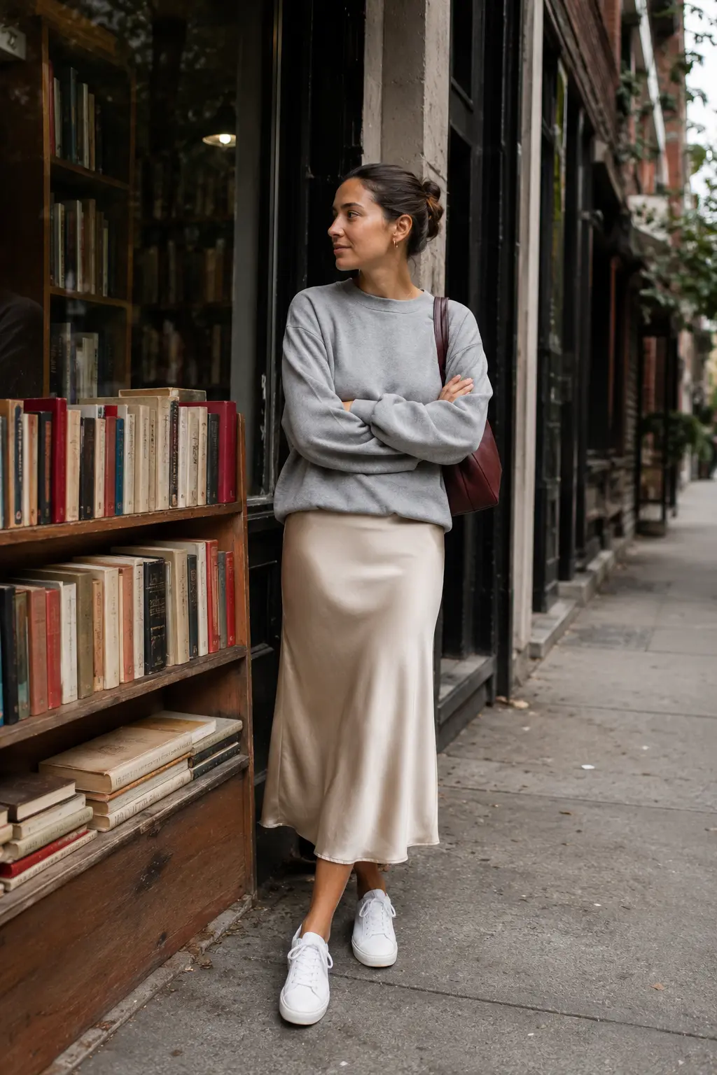 Woman pairing a champagne slip skirt with a gray sweatshirt and white sneakers