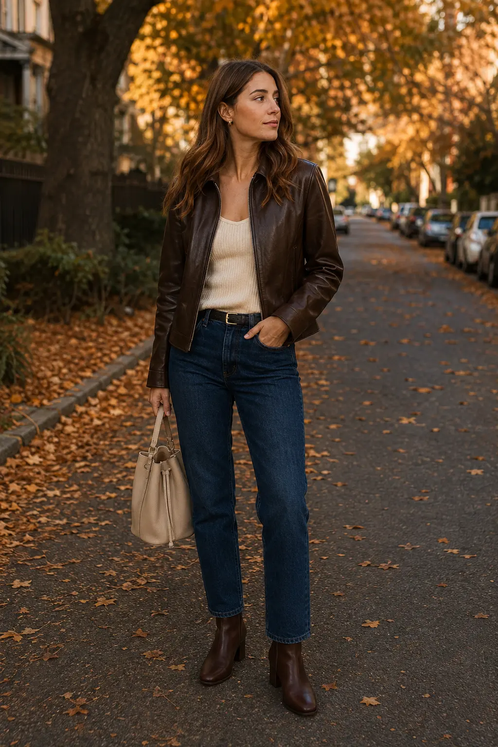 Woman wearing a chocolate brown jacket with an ivory knit and dark jeans
