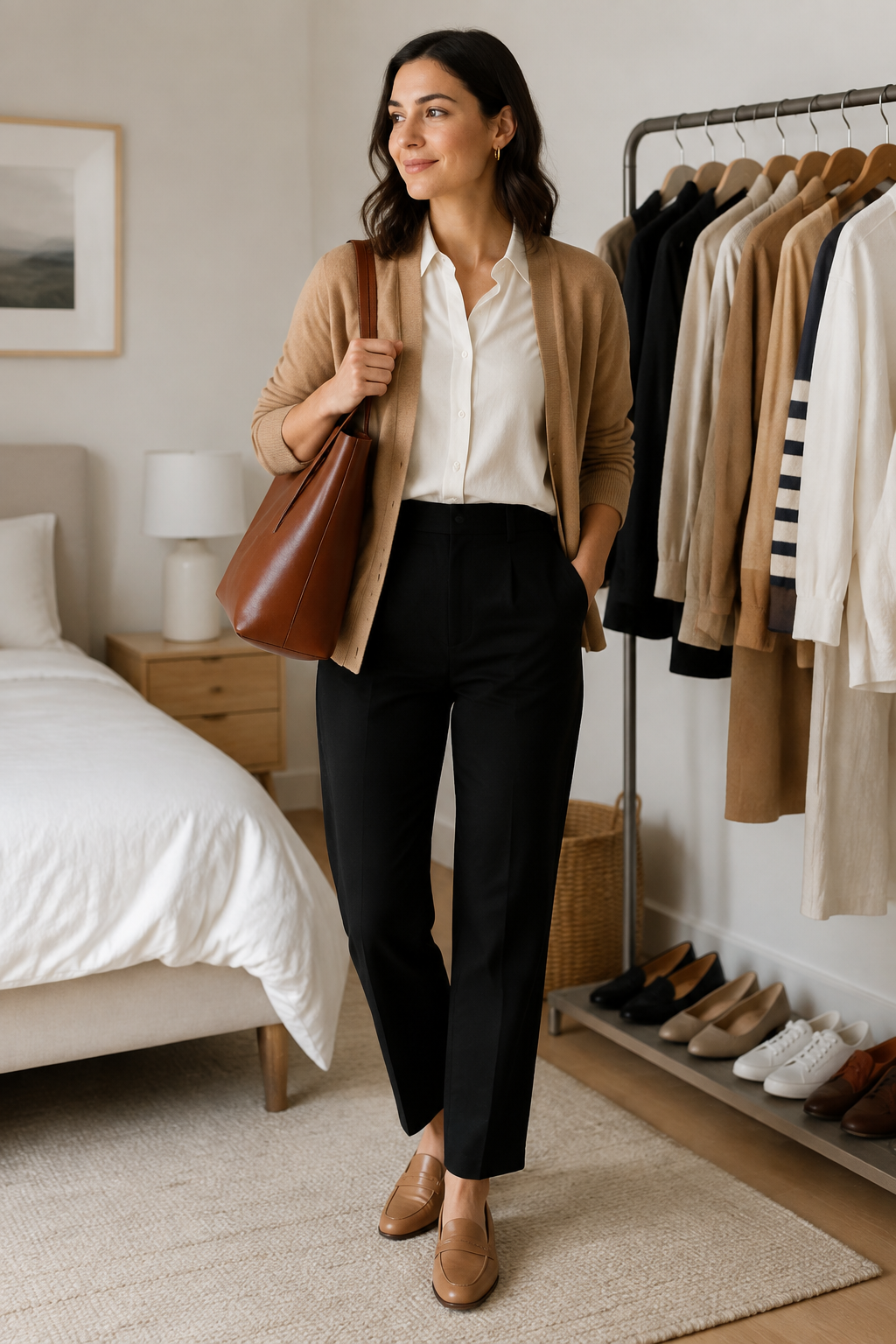 Woman wearing versatile neutral clothing beside an organized capsule wardrobe rail.