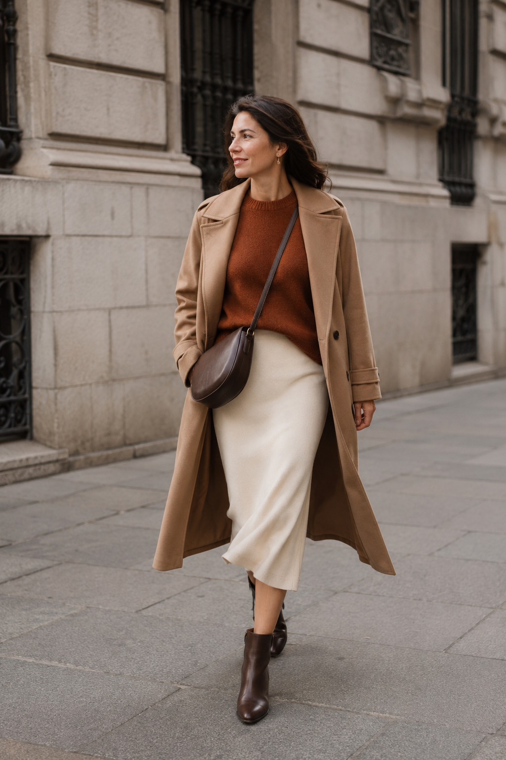 Woman wearing a rust knit, cream midi skirt, camel trench coat, and brown accessories in a coordinated capsule outfit.