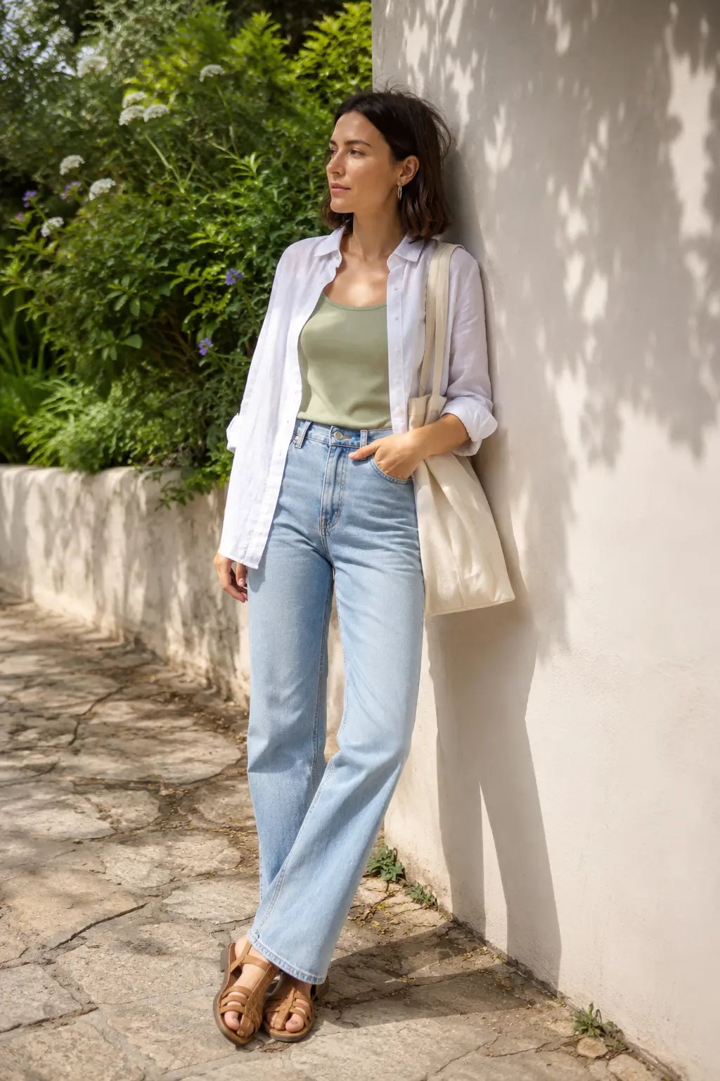 Woman layering a white linen shirt over a sage tank and light denim.